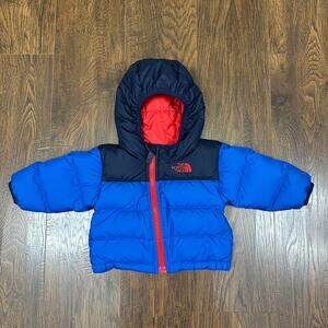 The North Face 550 Down Puffer Jacket Blue Black Hooded Infant 0-3M Warm Cozy